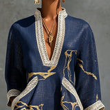 Marina | Navy Gold-Print V-Neck Dress