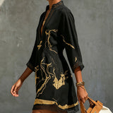 Estelle | Black Gold-Print V-Neck Dress