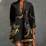 Estelle | Black Gold-Print V-Neck Dress