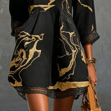 Estelle | Black Gold-Print V-Neck Dress