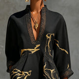 Estelle | Black Gold-Print V-Neck Dress