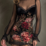 Violet | Black Rose-Print Lace Dress