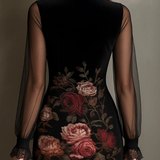 Violet | Black Rose-Print Lace Dress