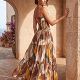 Faustine | Brown Abstract Tiered Maxi Dress