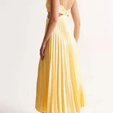 Talia | Yellow Pleated V-Neck Midi Dress
