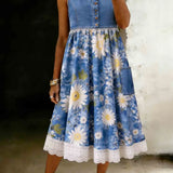 Garance | Denim Midi Dress with Flowers and Lace