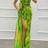 Mia | Blue Abstract Draped Maxi Dress