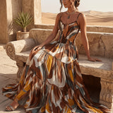 Faustine | Brown Abstract Tiered Maxi Dress