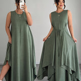 Amandine | Beige Belted Asymmetric Dress