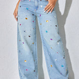 Maya | Light Blue Colourful Embellished Jeans