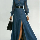 Sina | Denim Maxi Dress with Patchwork and Organza Sleeves