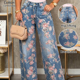 Olivia | Blue Pink Floral Wide-Leg Jeans