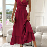 Celine | Burgundy Ruffle V-Neck Dress