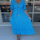 Felicity | Blue Geometric V-Neck Dress