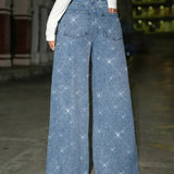 Ella | Blue Embellished Wide-Leg Jeans
