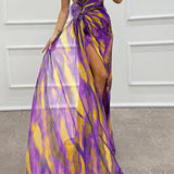 Mia | Blue Abstract Draped Maxi Dress