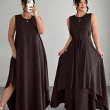Amandine | Beige Belted Asymmetric Dress