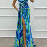Mia | Blue Abstract Draped Maxi Dress