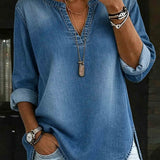 Clémence | Denim Long Sleeve Shirt with V-Neck