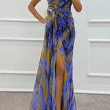 Mia | Blue Abstract Draped Maxi Dress