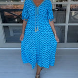 Felicity | Blue Geometric V-Neck Dress
