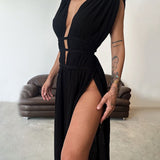 Zolla | Black Cut-Out Split Maxi Dress