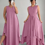 Amandine | Beige Belted Asymmetric Dress