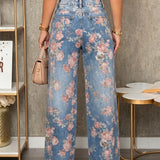 Olivia | Blue Pink Floral Wide-Leg Jeans