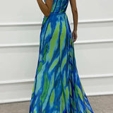 Mia | Blue Abstract Draped Maxi Dress