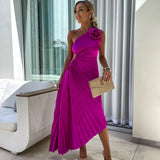 Eya | Fuchsia Rosette Pleated Midi Dress