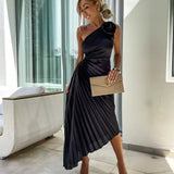 Eya | Fuchsia Rosette Pleated Midi Dress