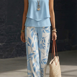 Aurora | Blue Top & Leaf Print Trouser Set