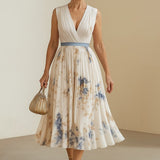 Paz | Ivory Blue-Floral V-Neck Dress