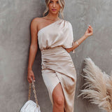 Tamara | Champagne One-Shoulder Midi Dress