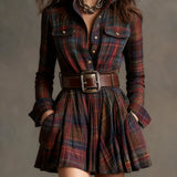 Rowan | Burgundy Plaid Belted Shirt Dress