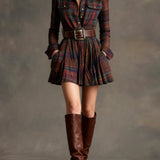 Rowan | Burgundy Plaid Belted Shirt Dress