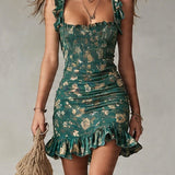 Freya | Green Floral Square-Neck Dress