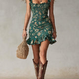 Freya | Green Floral Square-Neck Dress