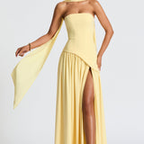 Leonora | Pale Yellow Strapless Split Dress