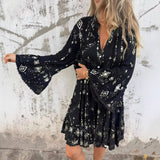 Gayle | Black Geometric Bell-Sleeve Dress